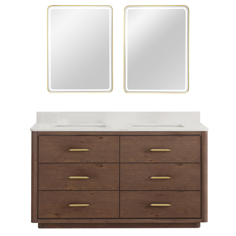 Porto 60'' Free Standing Double Bathroom Vanity with Quartz Top, Gold, Dark Brown Oak