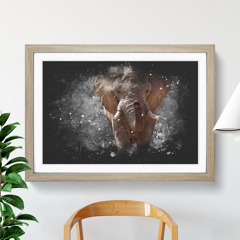 Elephant Vol.1 Paint Splash - Picture Frame Graphic Art, 48cm H x 65cm W x 2cm D, Oak