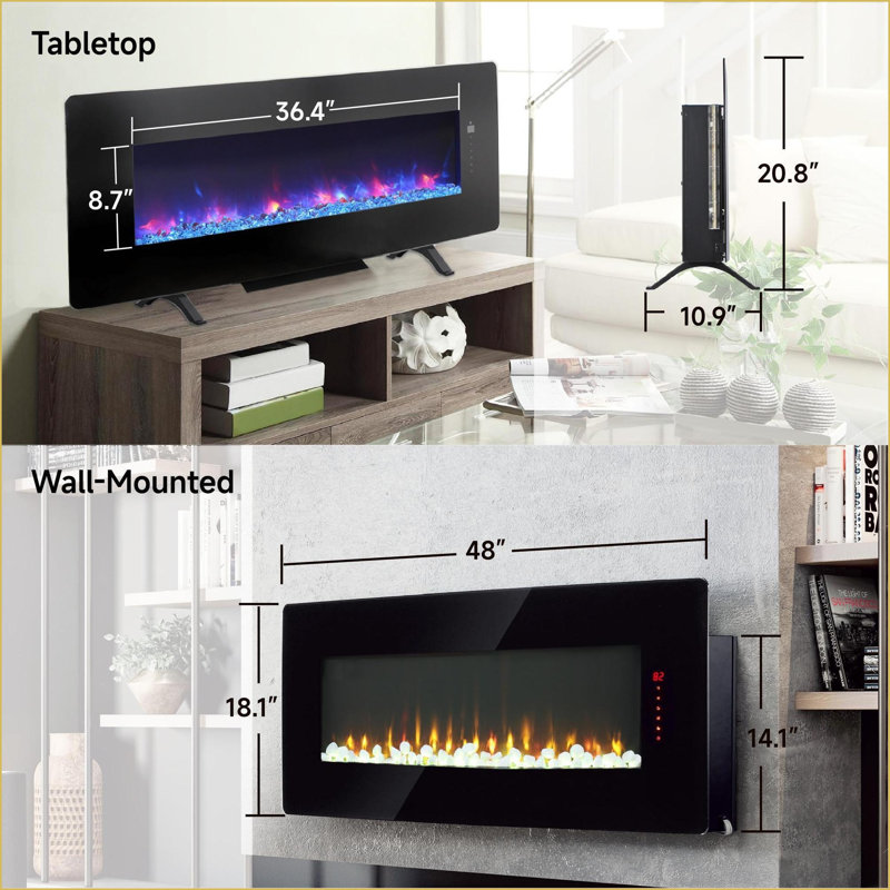 Electric Fireplace 48-Inch Curved Front, Multi-Color Flame & Ember Bed with Remote | Wall Mount | Tempered Glass+Sheet Metal