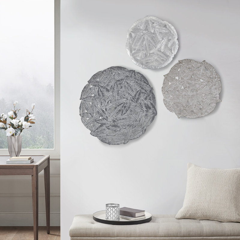 Textured Feather 3-Piece Metal Disc Wall Decor Set, Gray