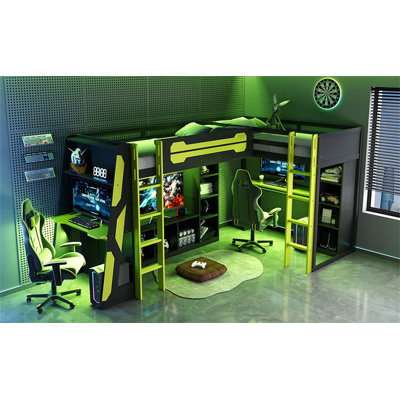 Cadre de lit de jeu simple en L en forme de L avec lumières à DEL RVB, lits doubles, ports USB, meuble télé et tablettes de rangement, disposition réversible, conception peu encombrante pour les adolescents et les adultes