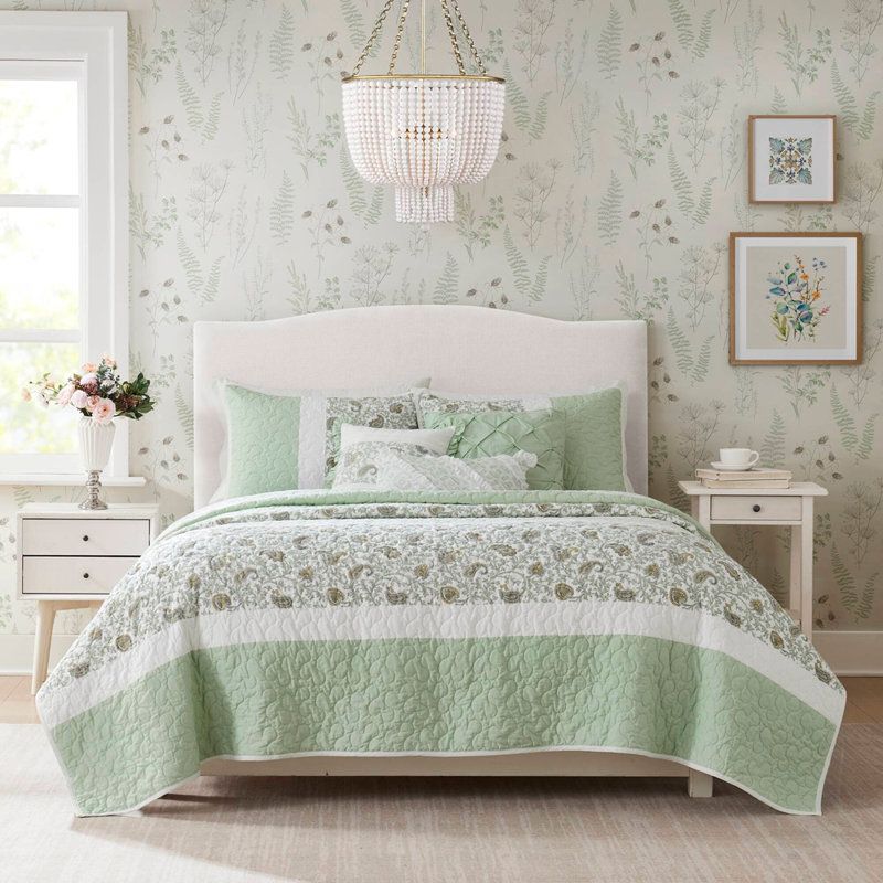 6 Piece Cotton Percale Quilt Set with Throw Pillows King/Cal King, King/Cal King Sheet Set with 5 Additional Pieces