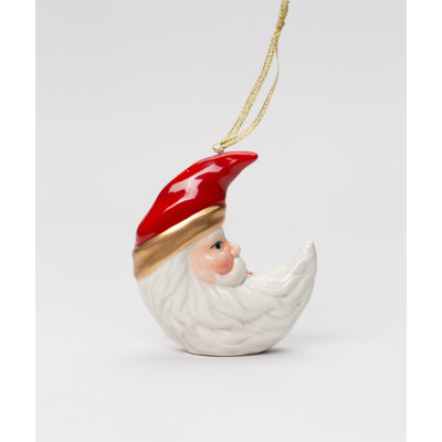Ornement de Noël en céramique représentant le Père Noël et la lune - 9,5 cm (3 3/4 po) de hauteur