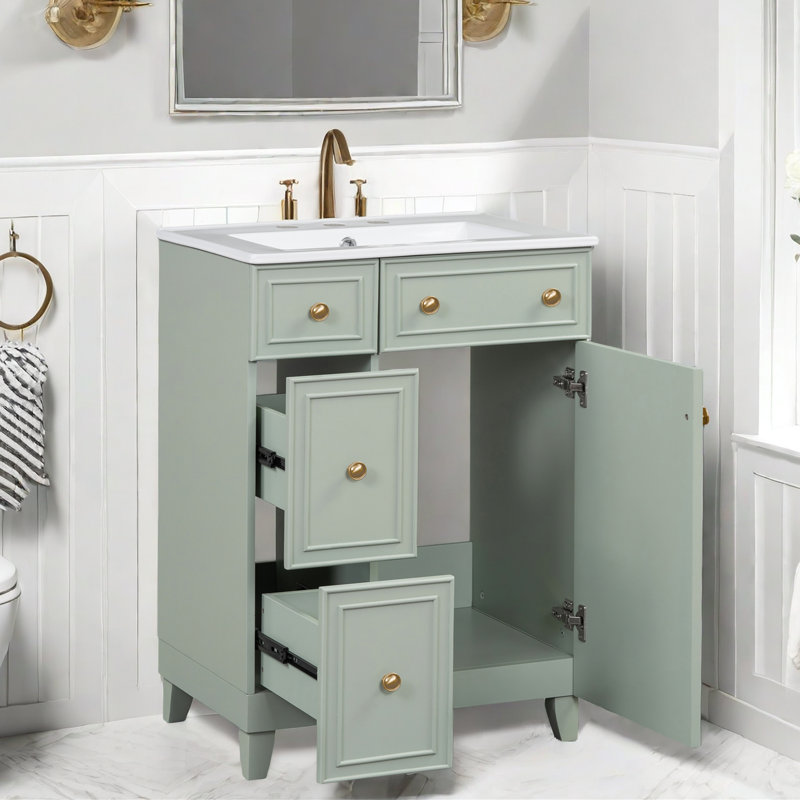 Norreen 24'' Single Bathroom Vanity with Ceramic Top, Green, Gold