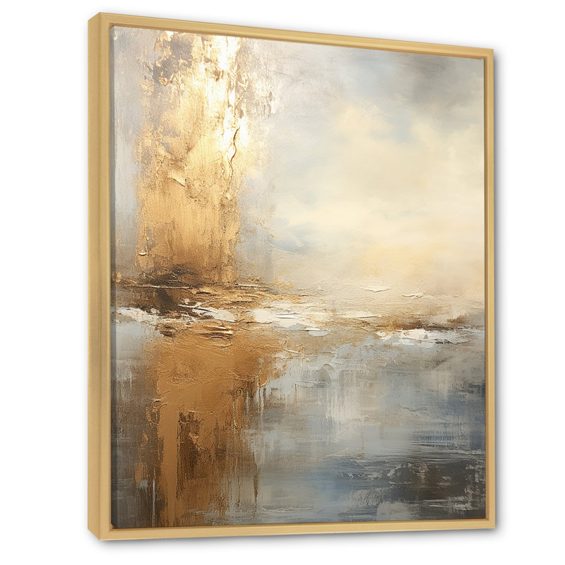 «Modern Coastal Beige And Gold River I», reproduction d'art sur toile plage et océan, Cadre naturel flottant