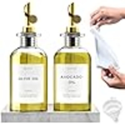 Olive Oil Dispenser Set With Silicone Tray & 40 Labels - 2 Bottles (500Ml / 17Oz) For Kitchen, Soy Sauce, Coffee Syrup