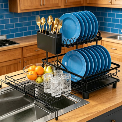Expandable 2-Tier Stainless Steel Dish Rack Over Sink, with Utensil Holder, Drainboard & Cup Holder