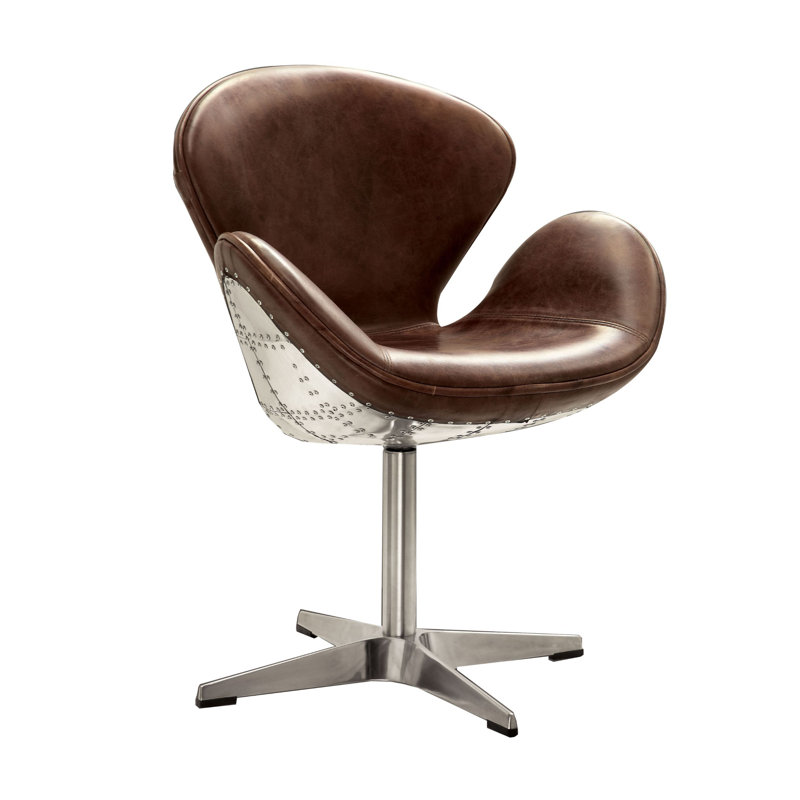 Fauteuil d'appoint en cuir fleur avec pivot, brun et argent