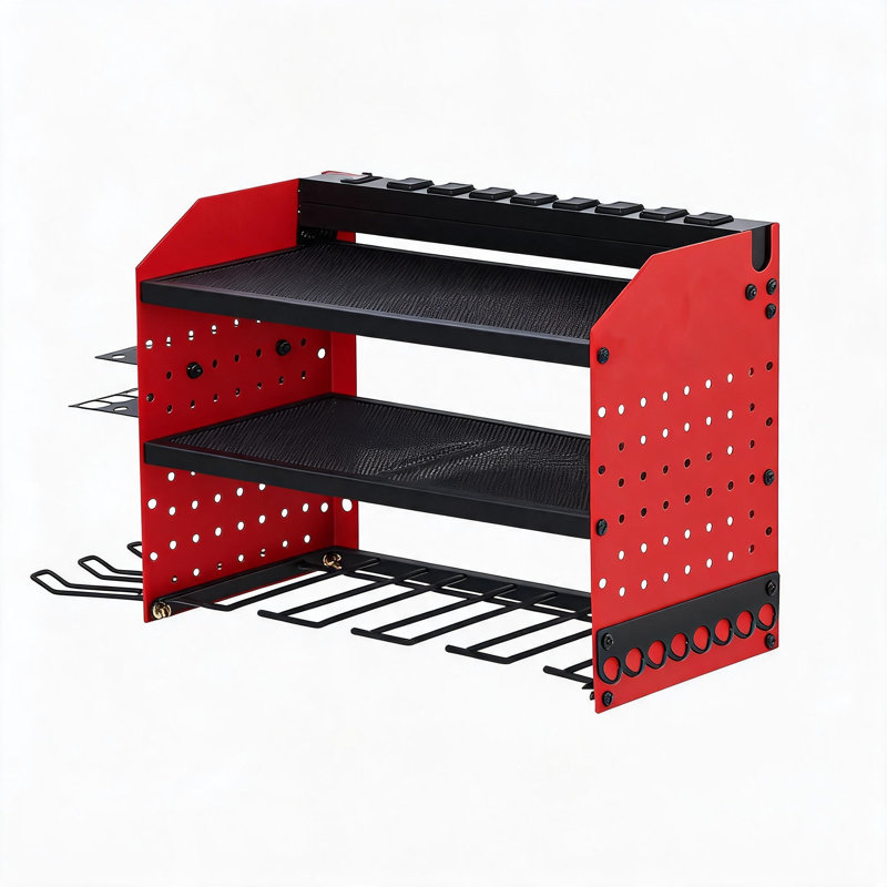 Support mural robuste pour organisateur d'outils électriques - support en métal à 3 couches avec station de charge, 4 supports de perceuse sans fil, tablette de batterie pour le garage - style planche de suspension, 3 couches, 8 fentes, avec multiprise