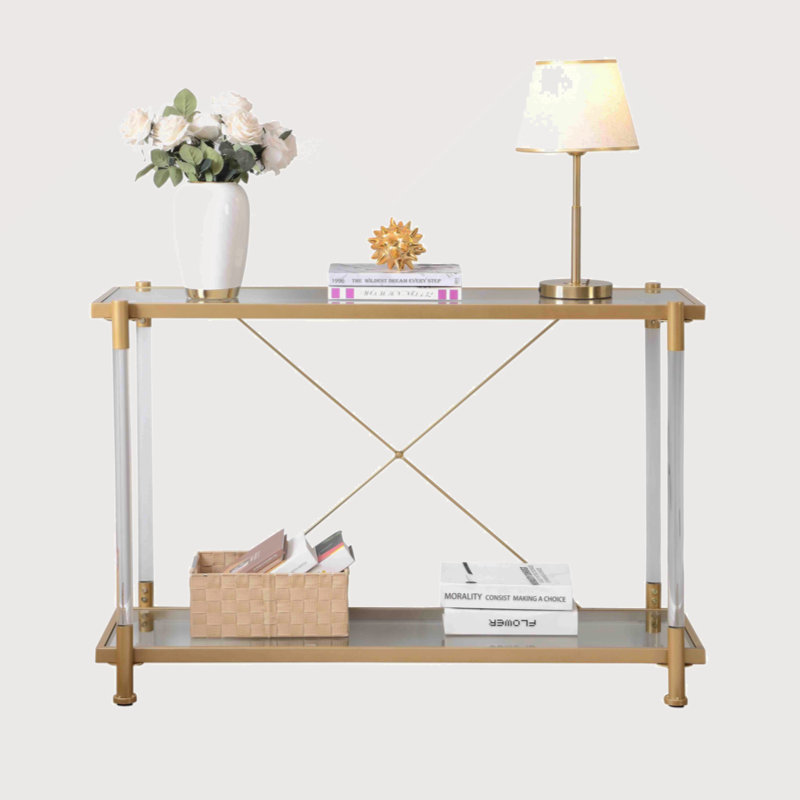 43'' Golden Glass and Metal Console Table with Storage