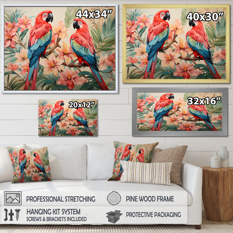 Fleurs tropicales roses et bleues - art mural perroquet, Toile tendue, H 30 po x l 40 po x P 1,5 po