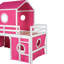 Lit mezzanine simple rose avec toboggan, tente et tour - trois options d'installation