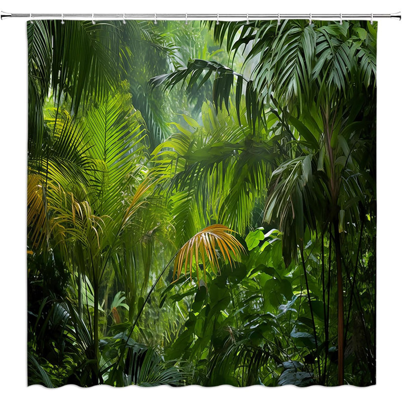 Rideau de douche jungle avec motif de feuilles de palmier - ensemble de décoration de salle de bain en tissu 100% polyester avec crochets - impression numérique pour des couleurs éclatantes