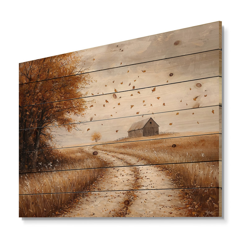 Windy Prairie Leaves Path To The Barn II - décoration murale en bois de feuilles - sur bois de pin naturel, H 34 po x l 44 po