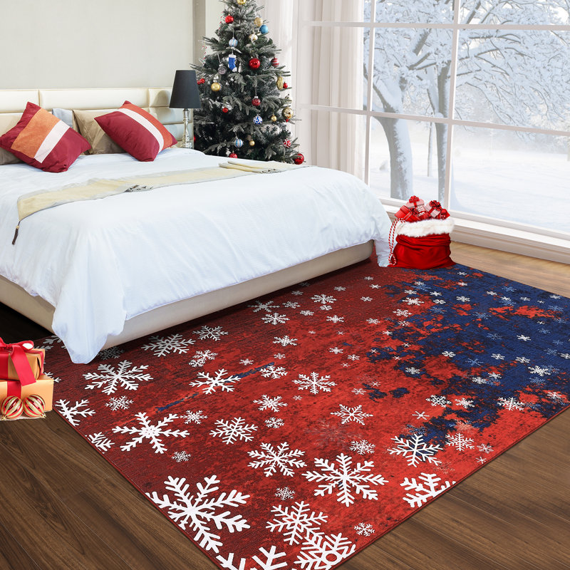 Rugs for Living Room Bedroom 8x10 Snowflake Christmas Area Rug with Non Slip Backing, Low Pile Stain Resistant Decorative Carpet, Foldable Floor Mats for Home Decor
