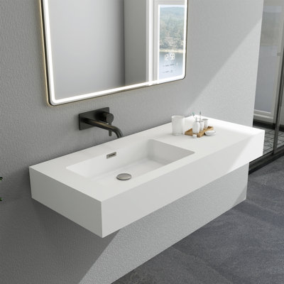 Lavabo de salle de bain 47 po x 19 po en résine de pierre avec vasque murale monotrou
