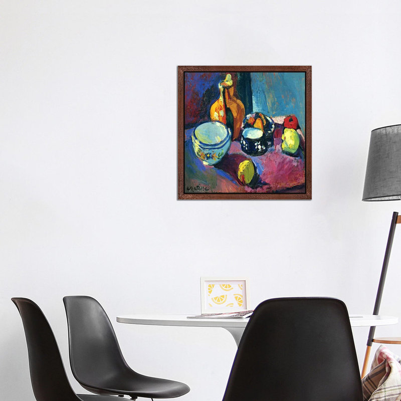 Dishes & Fruit by Henri Matisse - Floater Frame Painting on Canvas, 45.72 cm H x 45.72 cm W, Brown
