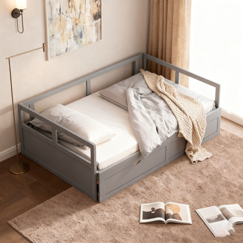 Lit de jour en bois avec lit gigogne et deux tiroirs de rangement, lit de jour extensible, Gris