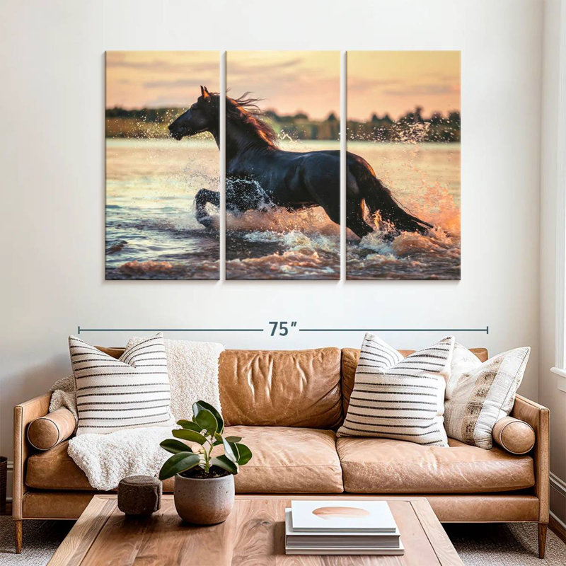 Cheval étalon frison noir, H 42 po x l 65 po
