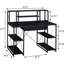 Bureau noir avec tablettes ouvertes, idéal pour le bureau - Grand espace de rangement avec 1 tiroir et 8 compartiments. Structure robuste en bois et en métal, avec passe-câbles intégré et design élégant.