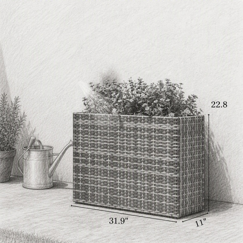 Jardinière rectangulaire haute avec doublure amovible et trous de drainage, grande jardinière en résine tressée marron pour fleurs et légumes d'intérieur et d'extérieur