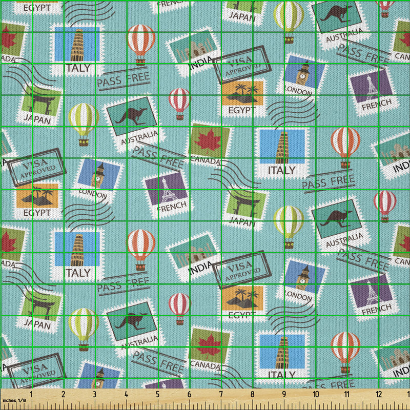 Daryell Popular Travel Destinations Passport Stamp Motifs of Countries and Cities Multi-Purpose Fabric