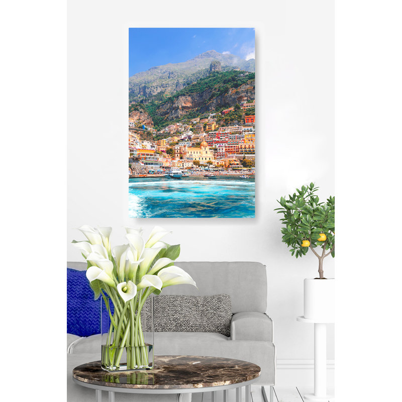 Côte méditerranéenne, Italie, coloré, montagnes, eau bleue, ciel, H 48 po x l 24 po x P 1,5 po