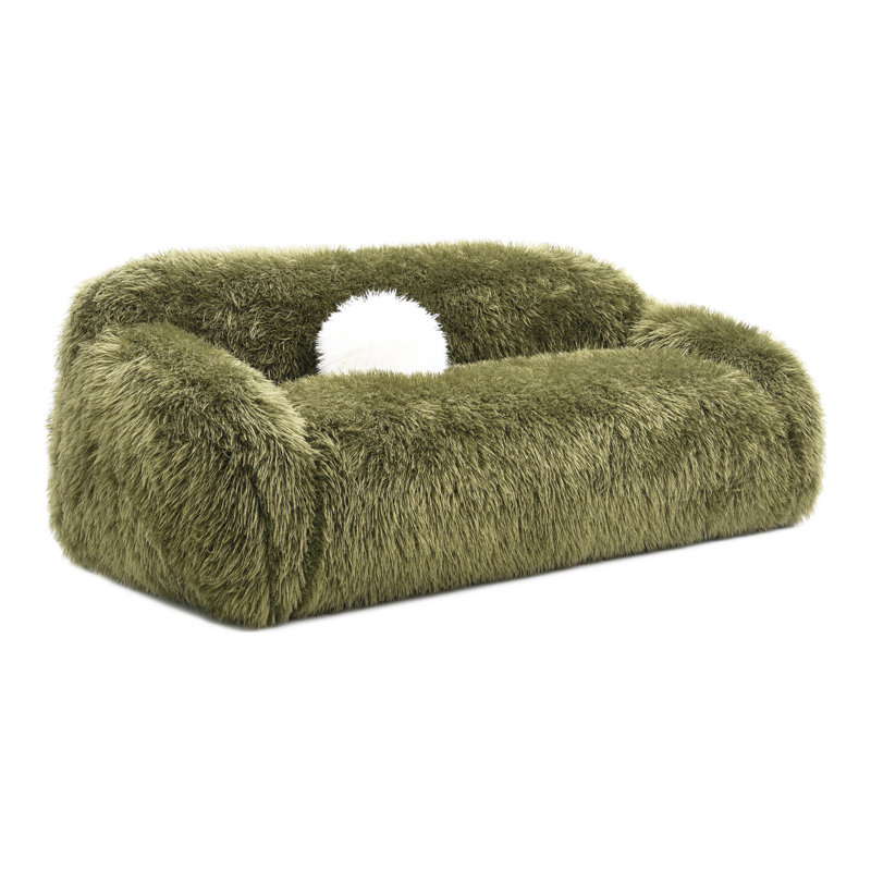 Canapé Harry en fausse fourrure avec coussin boule, Vert