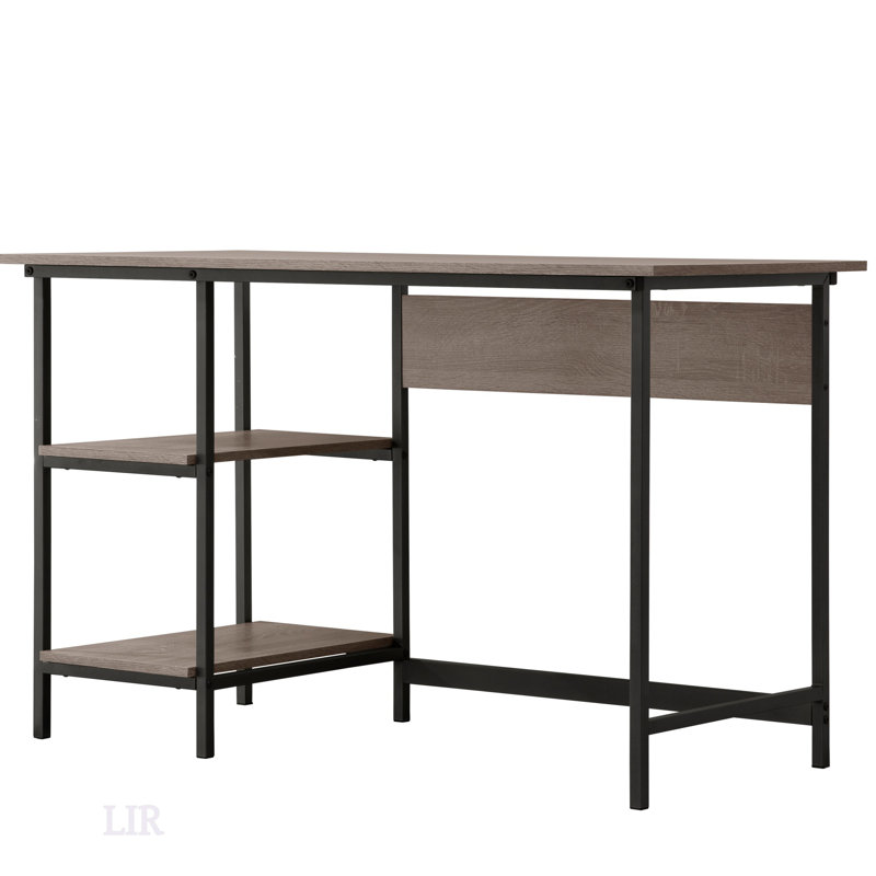 Weathered Gray Desk With 2 Storage Shelves, Metal Accents, And Open Design For Space-Saving Elegance