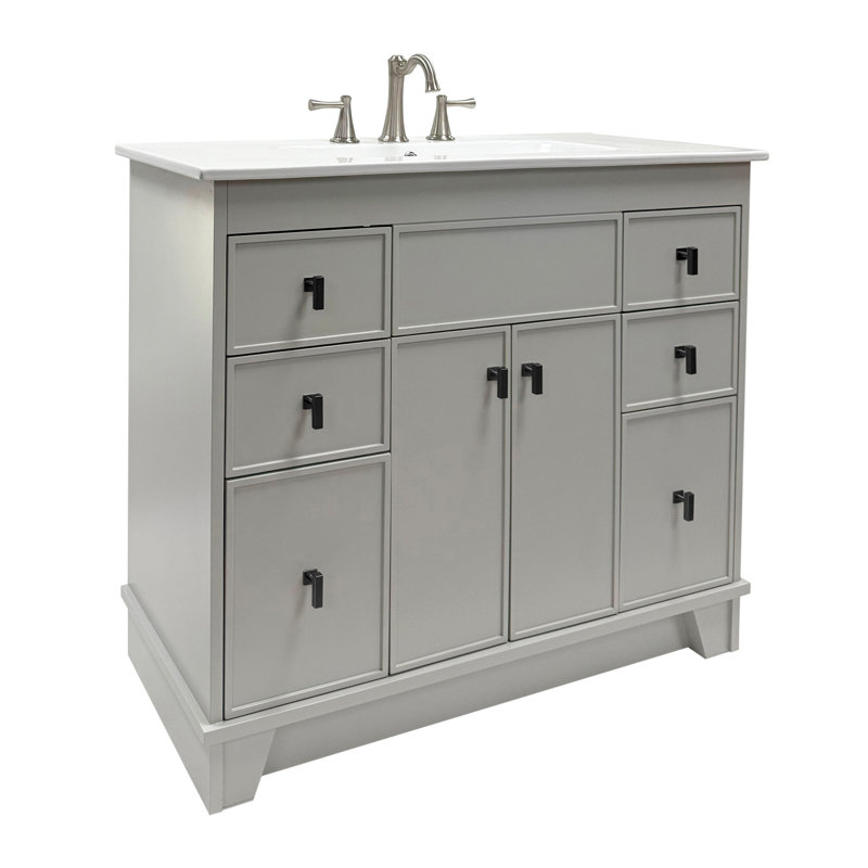 Meuble-lavabo simple 40 po - Finition gris clair avec comptoir en céramique blanche, Gris, Noir mat