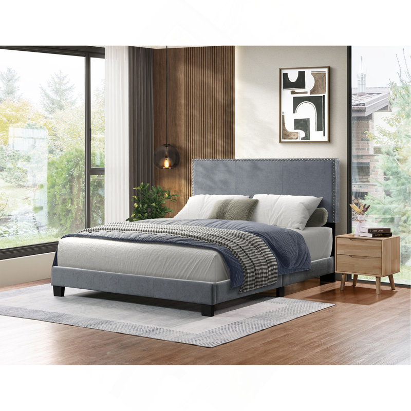 Linen Upholstered Platform Bed, Gray, Full