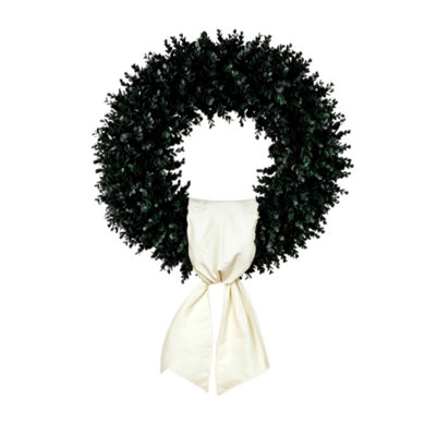 Couronne d'automne d'Halloween en buis artificiel noir de 45 cm (17,7 pouces) avec nœud en ruban de satin ivoire, couronnes d'automne artificielles pour porte d'entrée, porche, foyer et foyer