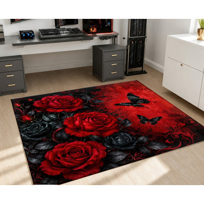 Tapis lavable à la machine à motif floral gothique rose et papillon, avec envers antidérapant, idéal pour le salon, la chambre à coucher, le couloir ou un appartement. Décoration intérieure chaleureuse.