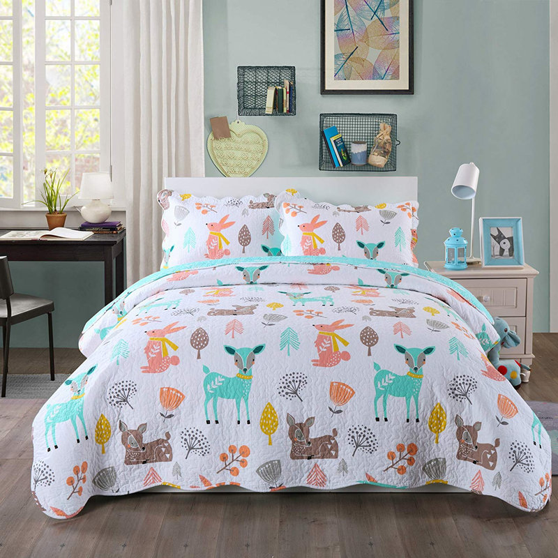 Ensemble de courtepointe réversible en coton avec imprimé de cerfs p-xl1804, Courtepointe double et 2 taies décoratives