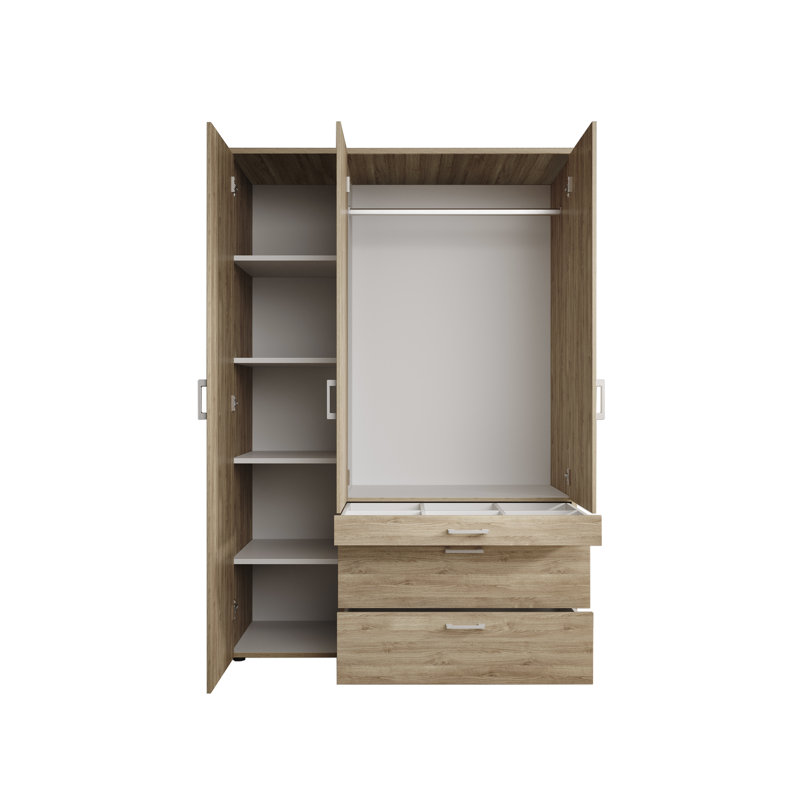 3 Hinged Door Wardrobe with Mirror 135 cm, Oak Mauvella