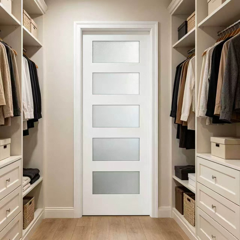 Porte intérieure 80 po x 80 po, panneau de fibres à densité moyenne et bois massif, 3/8 po Panneau de verre givré 5-Lite