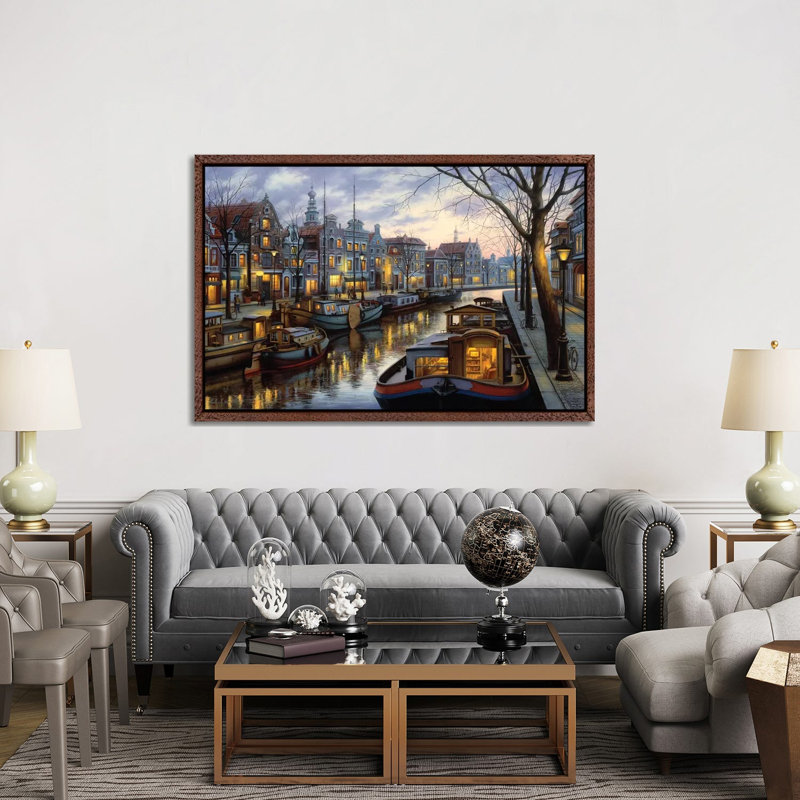 Canal Life by Evgeny Lushpin - Print on Canvas, 152.5 cm H x 101.5 cm W, Classic Brown Wood Framed
