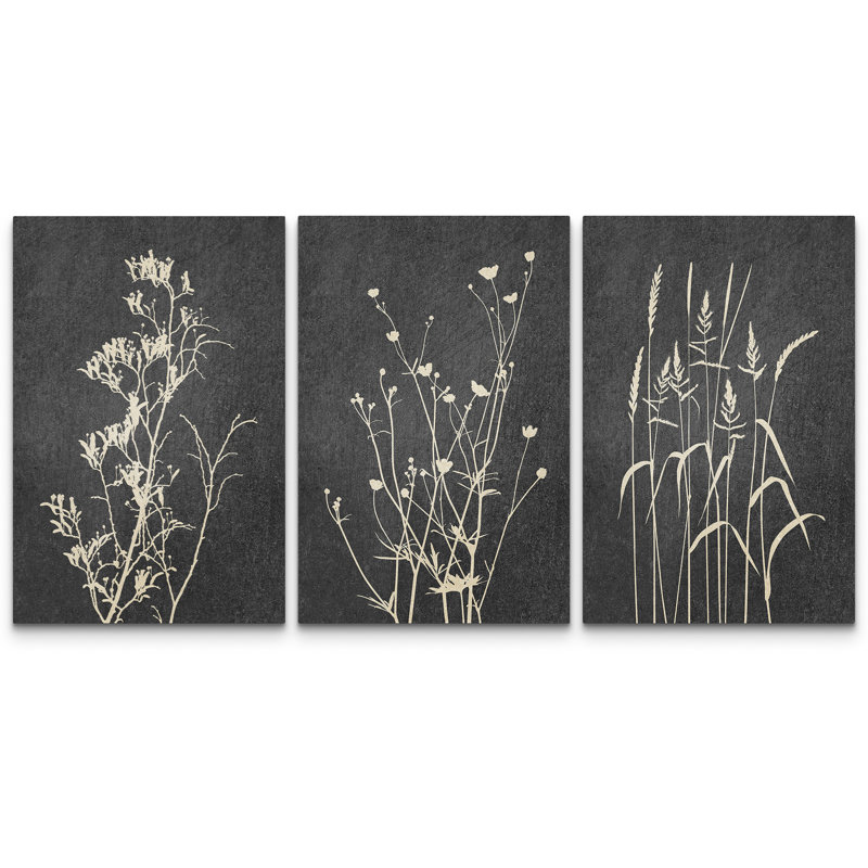 "Black Gray" Floral and Botanical Neutral Decor Minimalist, reproduction d'art encadrée sur toile, 3 pièces, Toile tendue