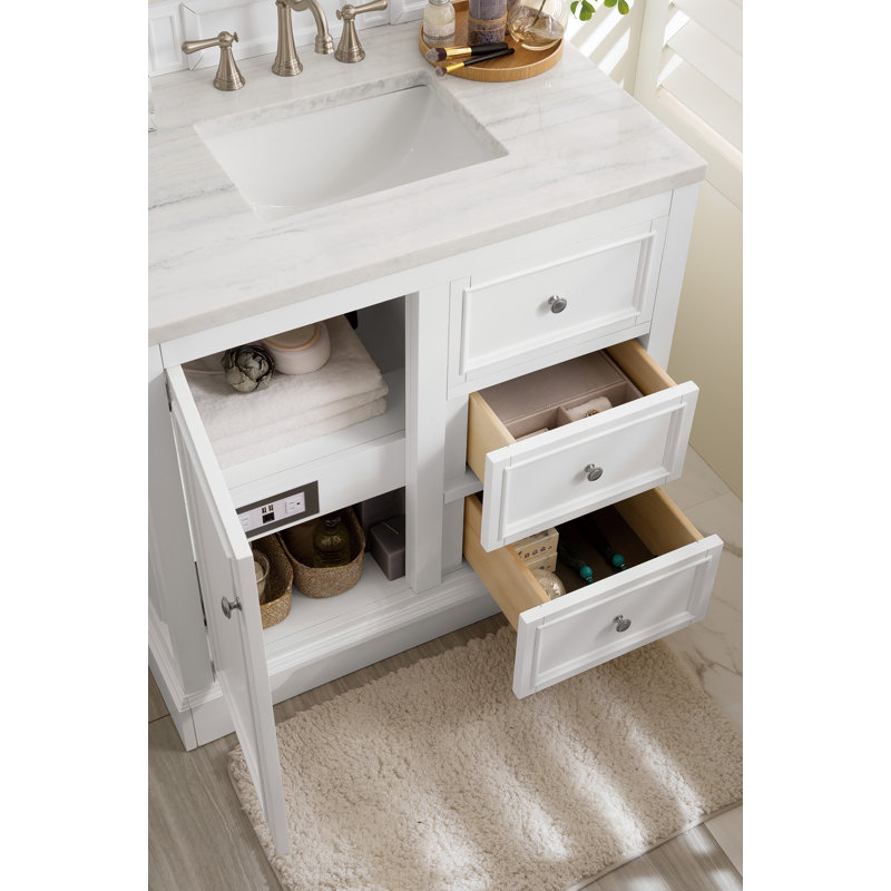 De Soto 36'' W Single Vanity, Bright White, Carrara White Marble, 8" Widespread