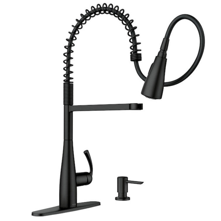 Moen Essie Pre-Rinse Spring Pull Down Single Handle Kitchen Faucet with Power Clean Technology and Soap Dispenser