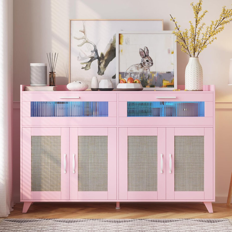 Sideboard Buffet Cabinet With Power Outlet & Led Light For Kitchen, Dining Room, Pink