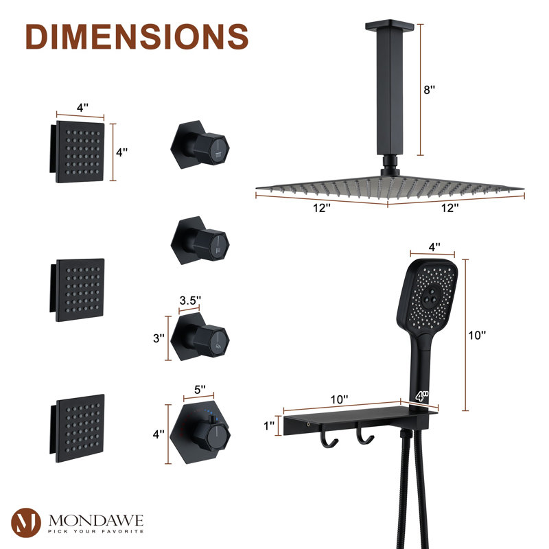 AquaRhapsody Ceiling Mounted Thermostatic Shower System with 4 Body Jets and Storage Shelf, Matte Black