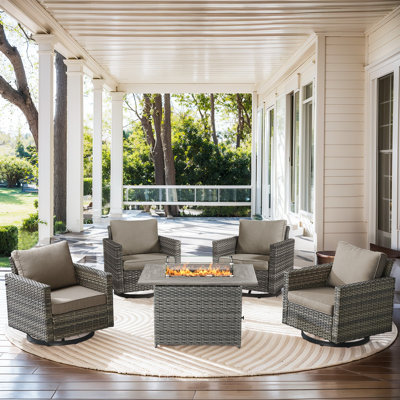 Naresa 5-Piece Outdoor Set – 4 Swivel Gliders & Fire Pit Table, 55K BTU Heat, All-Weather PE Wicker