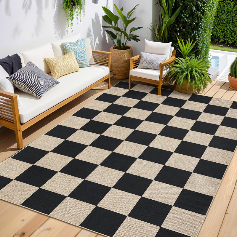 Modern Checkered Jute Area Rug - Washable, Non-Slip, Geometric Carpet for Living Room, Bedroom, Dining Room, Entryway - Indoor Outdoor, Mark Resistant 