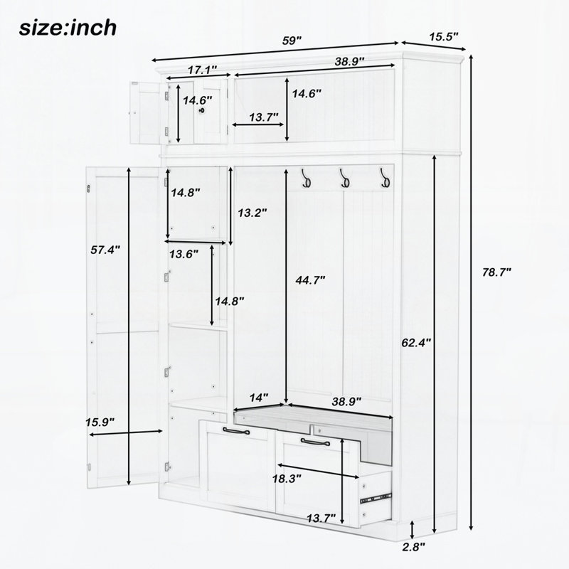 3-in-1 Hall Tree with Overhead Storage Cabinet, 3 Adjustable Side Shelves, 4 Heavy-Duty Hooks, 2 Spacious Drawers, Grooved Back Panel Design, Contrasting Seat Bench, Multifunctional Entryway Organizer