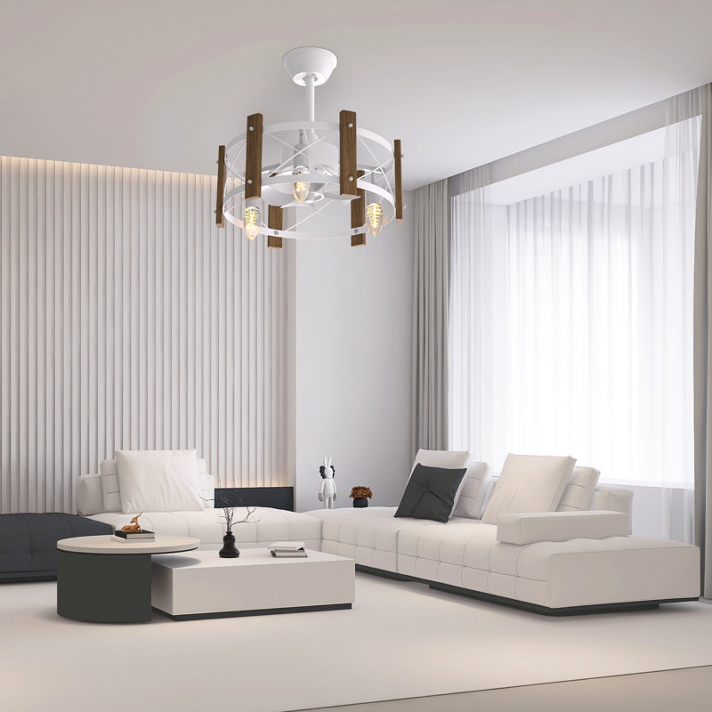 White and Brown Rustic Low Profile Ceiling Fan with LED Light