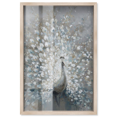 White Peacock I Shadowbox Print Vintage Wall Decor by Art Remedy, Blonde Frame, 11 x 16