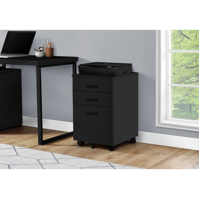 Classeur, mobile à roulettes, tiroirs de rangement, support pour imprimante, bureau, bureau, stratifié noir, contemporain, moderne