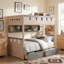 Lit superposé double pleine grandeur de style château, deux tiroirs spacieux sous le lit, tablette de rangement intégrée à trois grilles, système d'éclairage à DEL doux, conception inspirée du château adaptée aux enfants-136675632-136675638