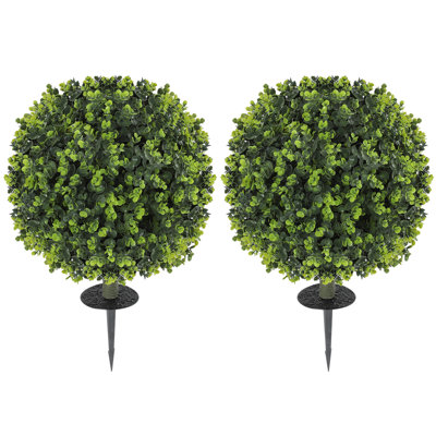 Set of 2 1.3ft (15.8") Artificial Boxwood Topiary Ball Bush with Integrated Ground Stake, Indoor Outdoor UV Resistant Faux Greenery, Faux Plants for Garden, Porch, Balcony
